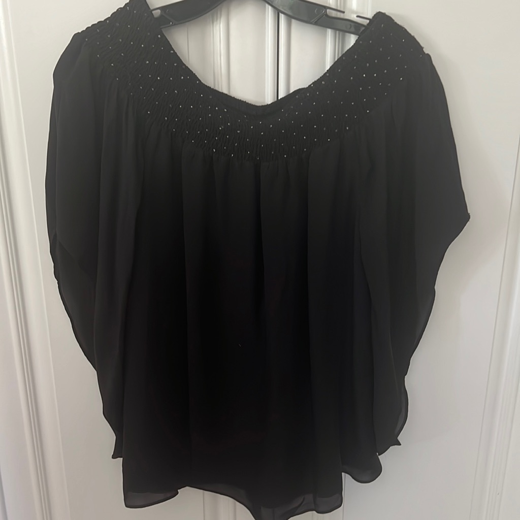 Parker Black Off Shoulder Blouse With Gold Bead Detail.Size Medium. 100% Silk